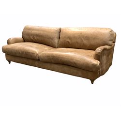 Loaf - Large three seat 'Jonesy' sofa, with squab cushions, upholstered in 'beaten walnut' tan leather, raised on pale oak turned supports 