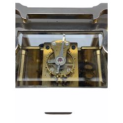 Mid-20th century Anglaise cased eight-day carriage clock with a silver plated finish,
timepiece movement, seven jewel lever platform escapement with timing screws, white enamel dial inscribed 