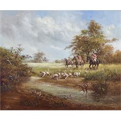 H Taylor (20th century): The Hunt clearing a River, oil on canvas signed 49cm x 60cm in swept gilt frame