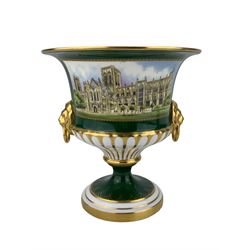 Royal Worcester limited edition campana shape urn to commemorate the restoration of York Minster, produced for Mulberry Hall, limited edition 180/600, H15.5cm 