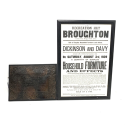 Early 20th century embossed copper plaque presented to G.A. Campbell by the Dunlop Rubber Company, on later mount 51cm x 39cm together with Dickinson and Davey auction poster for Recreation Hut Broughton (2) 