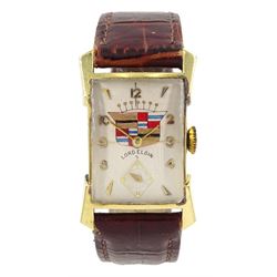 Lord Elgin gentleman's Art Deco 14ct gold 21 jewels manual wind rectangular wristwatch, movement stamped P530893, silvered enamel dial with painted decoration and subsidiary seconds dial, the back case stamped 14 karat gold, on brown leather strap