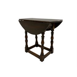 17th century design oak joint table, circular drop leaf top, moulded fretwork frieze rails, turned supports joined by plain stretchers