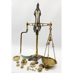 Set of Victorian brass shop scales by Parnall and Sons Bristol H71cm together with a collection of brass weights