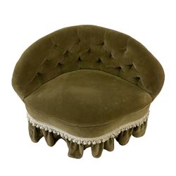 Victorian tub chair, upholstered in green buttoned back fabric, raised on turned supports, terminating in ceramic castors 