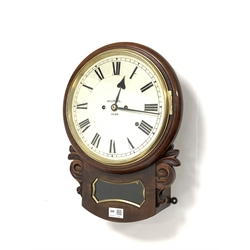 Mid 19th century mahogany drop dial wall clock, white enamel dial with Roman chapter ring inscribed 'Arundel, York', the twin fusee movement striking hammer on bell, 