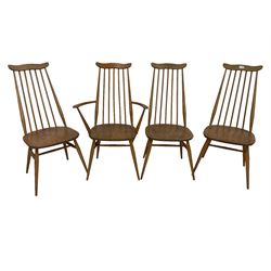 Ercol - set four (3+1) mid-20th century elm and beech 'Goldsmith Windsor Chairs', yoke top over high spindle back with tapering supports