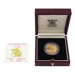 Queen Elizabeth II 1992 gold proof full sovereign coin, cased with certificate