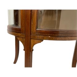Edwardian inlaid mahogany bow-front display cabinet, projecting cornice with satinwood chequerboard  inlay over floral marquetry frieze with ebony stringing, single glazed door enclosing two shelves, raised on splayed supports