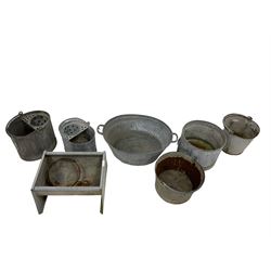 Collection antique galvanised metal tubs and containers of varying sizes including a trough