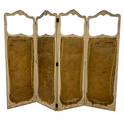 Early 20th century wood and gesso four-panel folding screen, the moulded frame decorated with scrolling foliate and shell motifs, fitted with bevelled glass and upholstered panels
