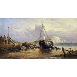 Circle of Edwin Hayes (British 1819-1904): Fisherman with Beached Ship and White Cliffs, oil on canvas unsigned 28cm x 51cm