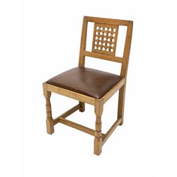 Yorkshire oak style dining chair, lattice back over leather upholstered seat pad, raised on octagonal turned front supports with stretcher W50cm. 
