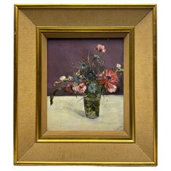 Kenneth Gribble (British 1925-1995): Still Life of Flowers in a Vase, oil on board signed and dated `60, Lincolnshire Artist`s Society exhibition label verso 30cm x 25cm