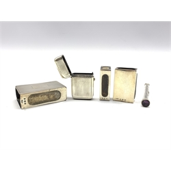 Engine turned silver match box holder inscribed 'R W Gow, Beverley' London 1930, two smaller match box holders a silver vesta case and a propelling pencil 