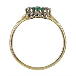 Early 20th century gold three stone emerald diamond ring, stamped 18ct Plat, boxed