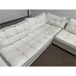  'Contempo' white leather upholstered corner sofa, with loose cushions, 361cm x 275cm, H54cm (D108cm)  
