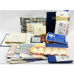 Stamps and coins including various mint decimal Queen Elizabeth II stamps, 'Silver Jubilee Stamps of Queen Elizabeth II' containing various stamps, 'The Royal Wedding Medallic First Day Cover' containing a sterling silver medallion, various stamp covers etc, in one box