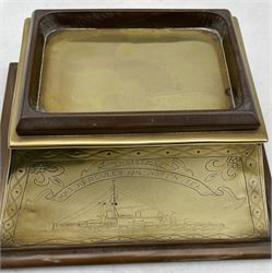 Brass canted rectangular cigar box, three sides with glazed panels and engraved flowers, crown and guilloches, the fourth engraved 'H.M.S. Hercules 1914 North Sea, Christmas'  and with the dreadnought battleship beneath with lift off top H15cm x W28cm