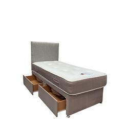 3’ single divan bed with grey fabric headboard over single mattress and two drawers