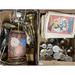 Quantity of glassware, oriental lamp, studio pottery mugs, brushed brass desk lamp, Warlord magazines and miscellanea in five boxes