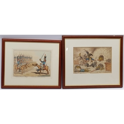 After James Gillray (British 1756-1815): 'L'Infanterie Francaise en Egypte', 'The Hand-Writing upon the Wall', 'Tiddy-Doll the great French Gingerbread Baker...', and 'Evacuation of Malta', four Napoleonic interest hand-coloured engravings pub. in 'The Works of James Gillray from the Original Plates with the Addition of Many Subjects Not Before Collected' by Henry G. Bohn, London c.1847, plates 223, 281, ?, and 42, respectively, max 26cm x 38cm (4) 
Provenance: all purchased by the vendor from Storey's, Cecil Court, London