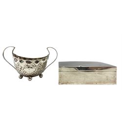 Late Victorian oval silver two handled sugar bowl with embossed decoration Birmingham 1897 and a rectangular silver cigarette box W14cm