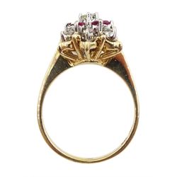 Gold ruby and diamond cluster ring, stamped 14K