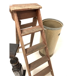  Early 20th century stained pine four rung step ladder, (H120cm) together with a cylindrical stick stand, (D42cm) a mahogany turned pedestal (H86cm) and a painted oak box (76cm)  