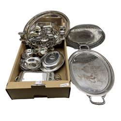 Silver-plated trays, dishes, candelabra, entree dish etc in one box