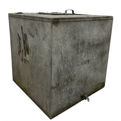 Large zinc riveted water tank, with one hinged lifting lid with tap on base 