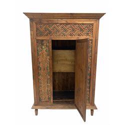 Indian painted hardwood hutch cupboard, with geometric and floral  blind fret work, two shelves to interior, raised on square tapered supports W135cm, H195cm, D69cm