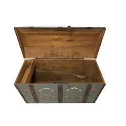 Large 19th century Swedish painted oak marriage chest, hinged dome top enclosing candle box and and large compartment, exterior with iron fittings and strapwork, the front decorated with flowers and two garlands enclosing inscription 'AMK 1872' and 'AMO 1929', in teal finish