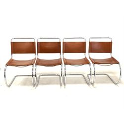 After Ludwig Mies van der Rohe - Set four 1970s cantilever chairs, with leather upholstered seat and back rests, raised on tubular chrome supports W51cm