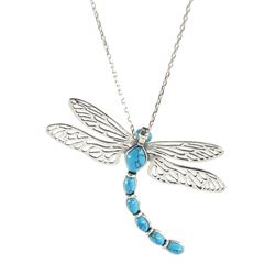 Silver turquoise openwork dragonfly pendant necklace, stamped 925 