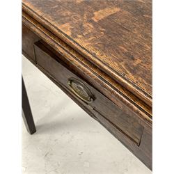 19th century oak fold over tea table with single drawer, raised on square tapered supports W93cm