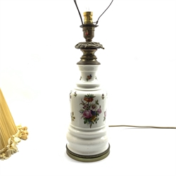 19th century porcelain oil lamp, hand-painted with floral sprays on a plain ground with bronze mounts, converted to electricity, H34cm (excluding shade)