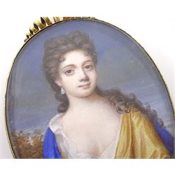 Christian Richter (Swedish 1678-1732) 
Portrait miniature, watercolour on vellum
Head and shoulder portrait of Carey (née Fraser) Countess of Peterborough (1655-1709)
Within gilt frame with scrolled crest, bearing Burlington Fine Arts Club exhibition label verso
Oval 8.5cm x 7cm

Provenance 
Charles Lees Collection: the miniature is accompanied by the original receipt of purchase by Lees for the sum of £20, dated April 9th 1883, from Ernest Renton Jeweller Art Designer and Collector of Curios, 1B Pall Mall Place, London.

Charles Edward Lees was a successful British industrialist who curated his collection of paintings and miniatures during the latter half of the nineteenth century. 
Lees acquired examples by many notable artists with the assistance of known art dealers William and George Agnew. 
One hundred portrait miniatures from his collection were sold at Bonhams forming The Charles E Lees collection sale in November 1997.

Exhibited
Burlington Fine Arts Club London, Exhibition Portrait Miniatures,1889, case 29, no.37

Cf. A comparable example sold at Bonhams London, The Albion Collection of Fine Portrait Miniatures, Apr 2004, Lot 11

Further miniatures of Carey:
Charles Lees Collection, Bonhams, November 1997, Lot 20 - also by Richter
Edward Grosvenor Paine Collection, Christie's, October 1980, Lot 40 - by Peter Cross.
Portrait Miniatures The Property of a Lady, Bonhams, April 2005, Lot 9 - by Peter Cross

Carey Countess of Peterborough was an English courtier, and maid of honour to Queen Catherine from 1674 to 1680.
Carey was one of the 'Hampton Court Beauties' painted by leading portrait painter Sir Godfrey Kneller depicting eight of the most fashionable and glamourous ladies of the court of William III. 

During the early part of his career Christian Richter is believed to have studied under leading Swedish portrait miniaturist Elias Brenner, later working in Berlin and Dresden where he gained a strong following. 
Upon arrival in London in 1704 Richter began by copying full scale portraits of other popular artists including Michael Dahl and  Godfrey Kneller.
The antiquary and engraver George Vertue said of Richter's work: 'his Manner of Painting very tender and Curious, his tincts had a great variety his pencil regular and neat, his lines of drawing very just & toucht with freedom'.