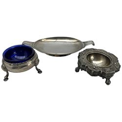 Early 19th century silver salt, white metal salt with Victorian registration mark and silver oval shallow dish with scroll handles London 1943
