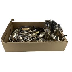 Quantity of assorted plated ware including cutlery, sugar caster, coffee pot, two toast racks, candlestick etc