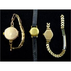 Early 20th century 9ct rose gold ladies manual wind wristwatch, Glasgow import mark 1923, on rose gold expanding strap stamped 9ct, Belinda gold manual wind ladies wristwatch, stamped 18K 750, on leather strap and one other 9ct gold wristwatch, hallmarked, on gilt strap (3)