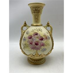 Three Royal Worcester blush ivory vases comprising a late 19th century twin-handled vase and cover, painted and gilded with floral sprays shape no. 1553, H28cm (a/f), another late 19th century vase of globular form and lobed jar painted with thistles, lacking cover (3)