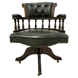 Late 20th century office swivel captain's chair, upholstered in buttoned green fabric, turned balustrade support, on four splayed supports with castors