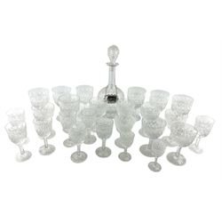 Part suite of Thomas Webb Wellington pattern table glass comprising seven claret glasses, eight other wine glasses, Sherry decanter with silver label, eight sherry glasses and two liqueur glasses (26)