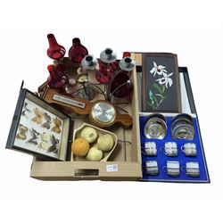 Aretta cased coffee set for six, metal candelabra with ruby glass shades, carved fruit, modern barometer etc in one box