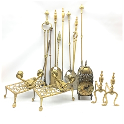 Reproduction brass lantern clock, number of brass fire irons, two brass trivets and other items