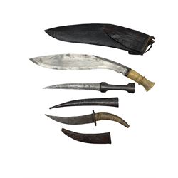 Gurkha kukri  and scabbard, Sudanese dagger with engraved blade and a Turkish dagger