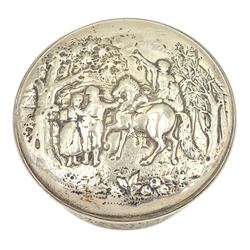 George III silver circular box and cover embossed with figures in a rural setting D8cm London 1814 Maker Phipps, Robinson and Phipps 4.7oz  Provenance: 3rd Earl of Feversham