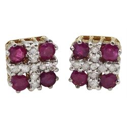 Pair of 9ct gold ruby and diamond square cluster stud earrings, hallmarked
