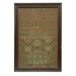 19th century needlework sampler by Nancy Nairn, undated, worked with the alphabet, numbers, house, urns of flowers, birds, trees, the names 'A. Nairn' and 'M. King' with a heart in between and various initials, possibly relating to her family members, in glazed oak frame, 42.5cm x 28cm 